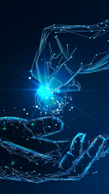 A abstract hand made of blue, tech lines, handing a glowing digital coin to another hand