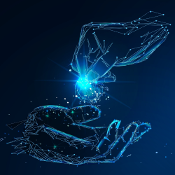 A abstract hand made of blue, tech lines, handing a glowing digital coin to another hand